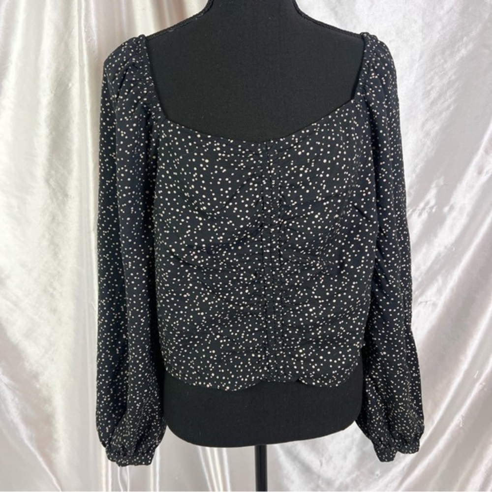 New Day Black Polka Dot Ruched Blouse – Chic & Flattering Top, Size L
